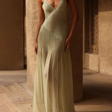 Ethereal Elegance Pleated Patchwork Slit Maxi Dress