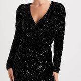 Black Sequin Velvet Long Sleeve Wrap Mini Dress