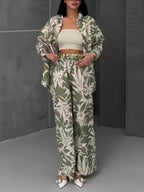 Palm Leaf Printed Elastic Waist Wide Leg Pant Set