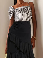 Off Shoulder Striped Print Swimsuit Set