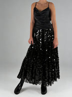 Black Sequin Tulle Midi Skirt