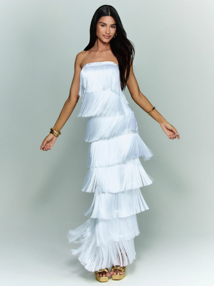 Strapless Fringe Satin Gown