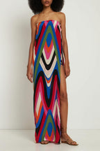 Strapless Side Slit Moiré Print Dress