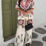 Unique And Exquisite Ethnic Floral Print Elastic Waist Pocket Wide Leg Pants-Set