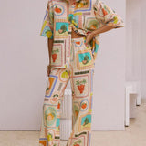 Casual Fashion Unique Print Loose Short- Shirt Straight Pants Set