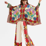 Fine Satin Floral Print Batwing Sleeve Pants Set - Red flowers