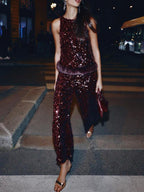 Sequined Faux Fur Hem Top & Pants Set
