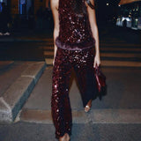 Sequined Faux Fur Hem Top & Pants Set