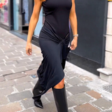 Round Neck Sleeveless Tie Solid Color Dress