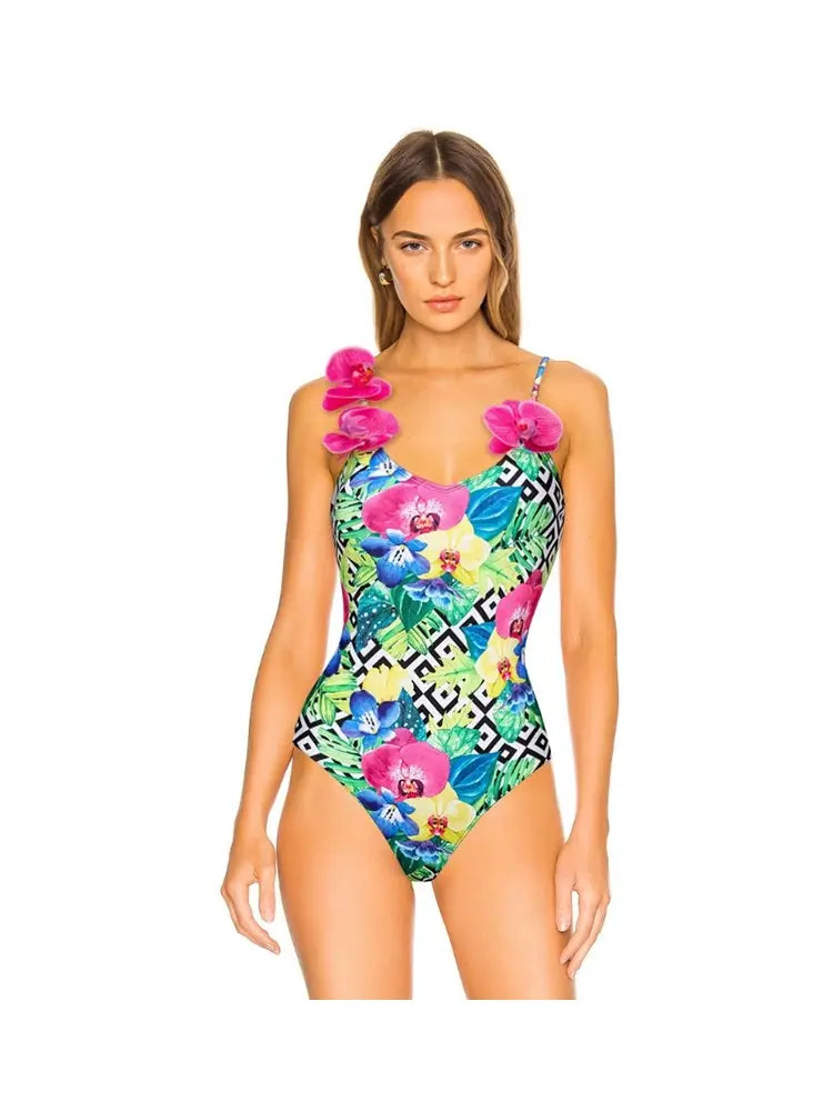 Orchid Strap Print Spaghetti Swimsuit Set