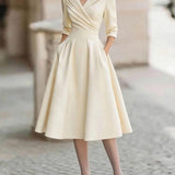 Elegant V-neck Long-sleeved Midi Dress