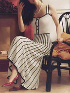 Striped Colorblock Knit Spaghetti Strap Midi Dress