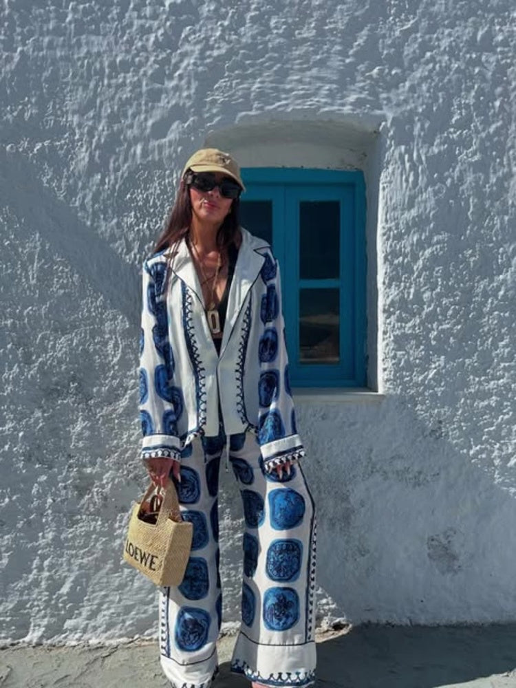 Elegance Blue Checkerboard Pants Sets