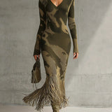 Olive Camo Knit V-Neck Fringe Hem Midi Dress