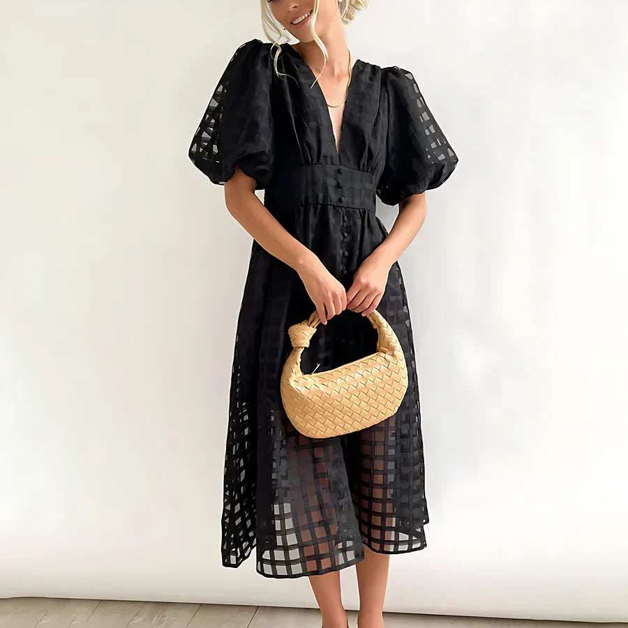 Cindy - Classic Patterned Puff Sleeve Midi Dress