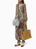Paisley Print Relaxed Scarf Blouse & Elastic Hem Pants Set