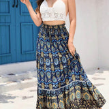 Bohemian Shirred High Waist Skirt In Blue