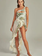 One-Shoulder Cutout Tropical Print Swimsuit