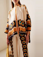 Fine Satin Floral Print Batwing Sleeve Pants Set - Yellow