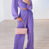 Plunge Neck Top Lavender Pants Set