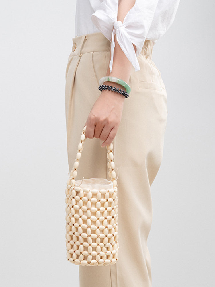 Hollowed-Out Wooden Bead Woven Bucket Bag