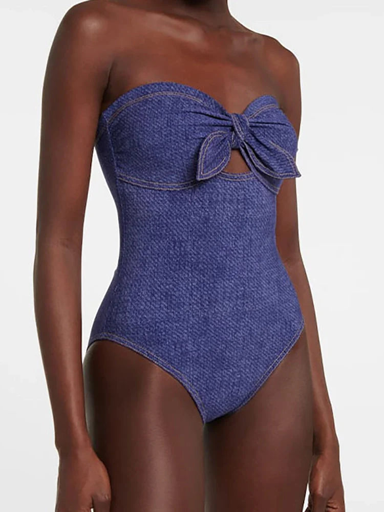 Denim Bandeau One Piece Swimsuit Set