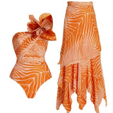 One-Shoulder Floral Salmon Print Swimsuit