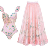 Pink Floral One-Piece with 3D Crystal Flowers
