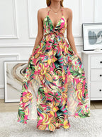 Floral Chain Split Dress – Bold Tropical Style with Gold Accents
