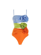 Spaghetti Strap Floral Cutout Colorblock Set