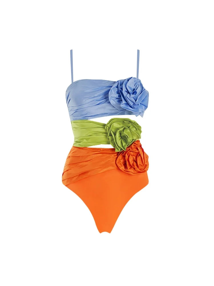 Spaghetti Strap Floral Cutout Colorblock Set