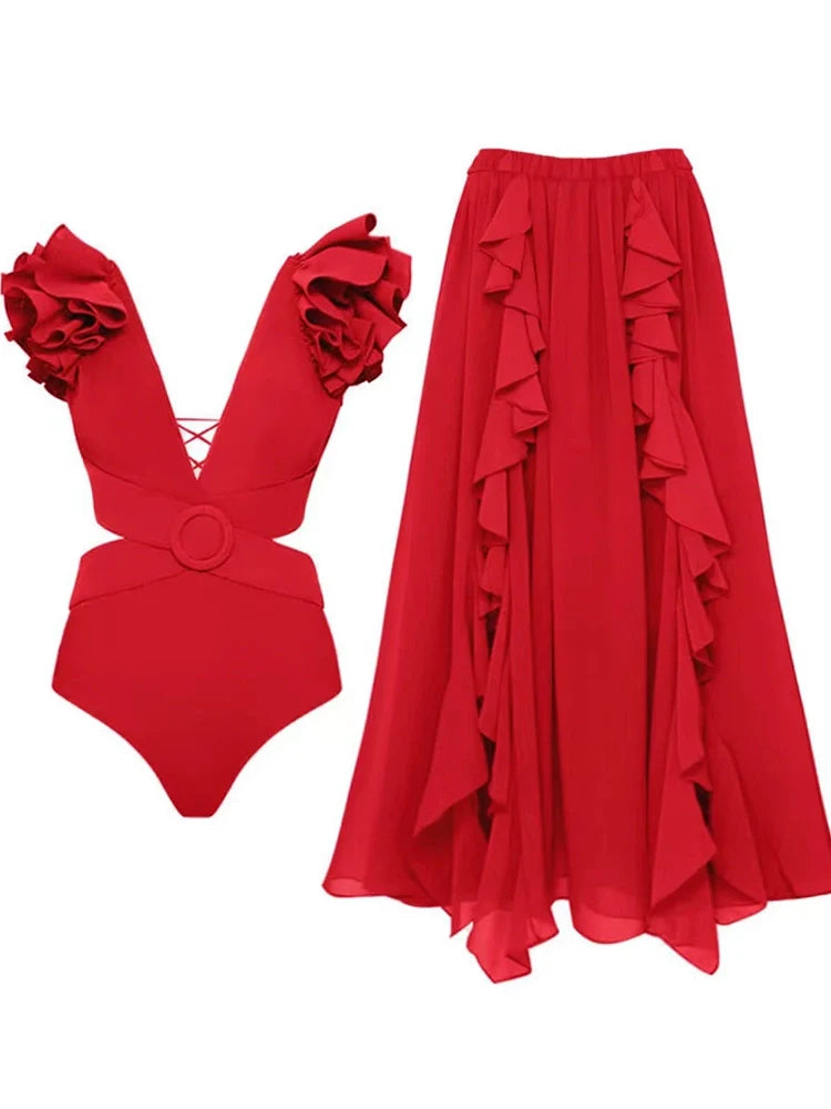 3D Floral Shoulder Embellished Cutout Swimsuit