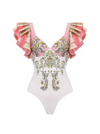V Neck Ruffle Patchwork Ethnic Print Swimsuit