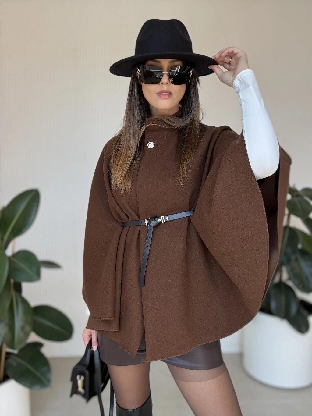 Stand Up Collar Belted Cape Coat