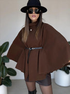 Stand Up Collar Belted Cape Coat