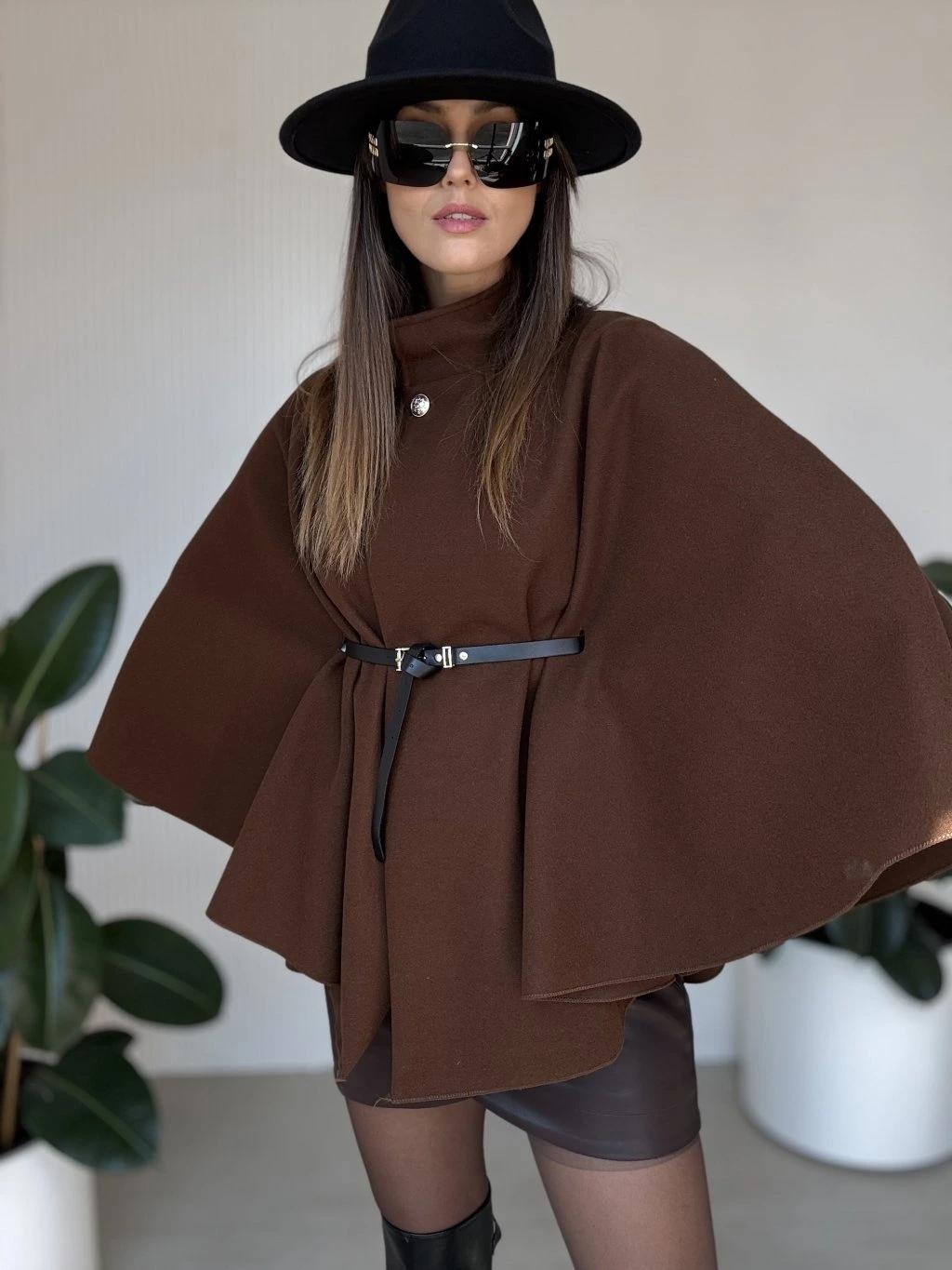 Stand Up Collar Belted Cape Coat