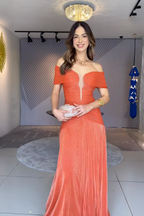Bright Orange Shimmer Ruched Maxi Dress