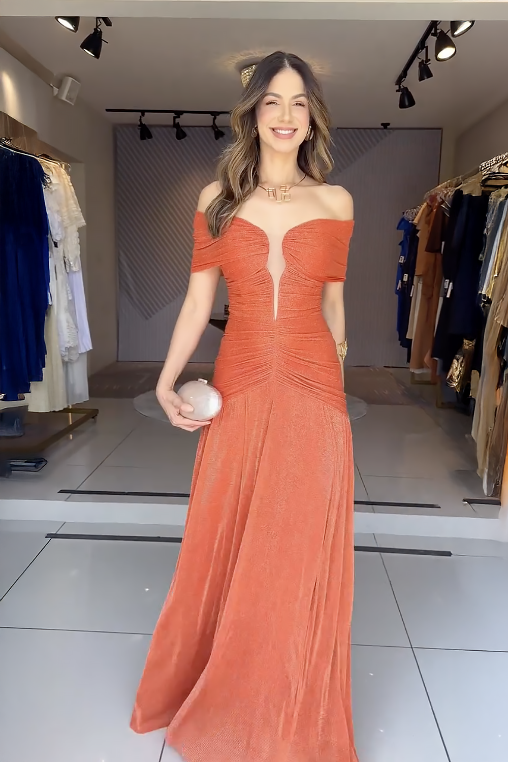Bright Orange Shimmer Ruched Maxi Dress