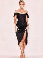 Cap Shoulder Corset Bodycon Midi Dress - Black