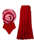Red Statement Floral Contrast Swimsuit Set