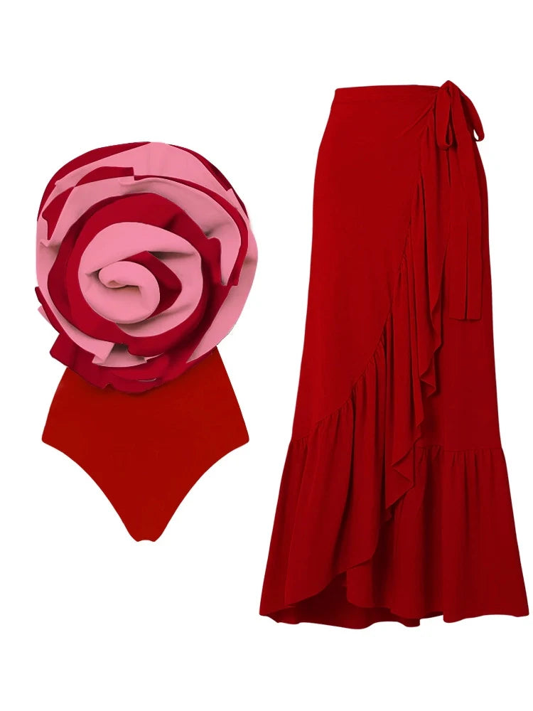 Red Statement Floral Contrast Swimsuit Set