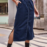 Drawstring Waist Denim Midi Skirt
