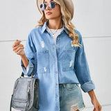Washed Distressed Denim Shirt with Frayed Hem