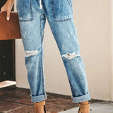 Autumn Drawstring Ripped Denim Pants