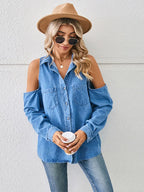 Washed Shoulder Cutout Lace-Up Denim Shirt