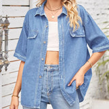 Short-Sleeve Button-Up Casual Denim Shirt