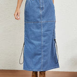 Relaxed Drawstring Denim Midi Skirt
