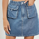 Washed Elastic Waist Denim Skirt