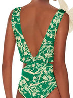 Floral Appliqué Green Printed One-Piece Swimsuit