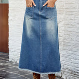 Washed Frayed Hem Denim Skirt